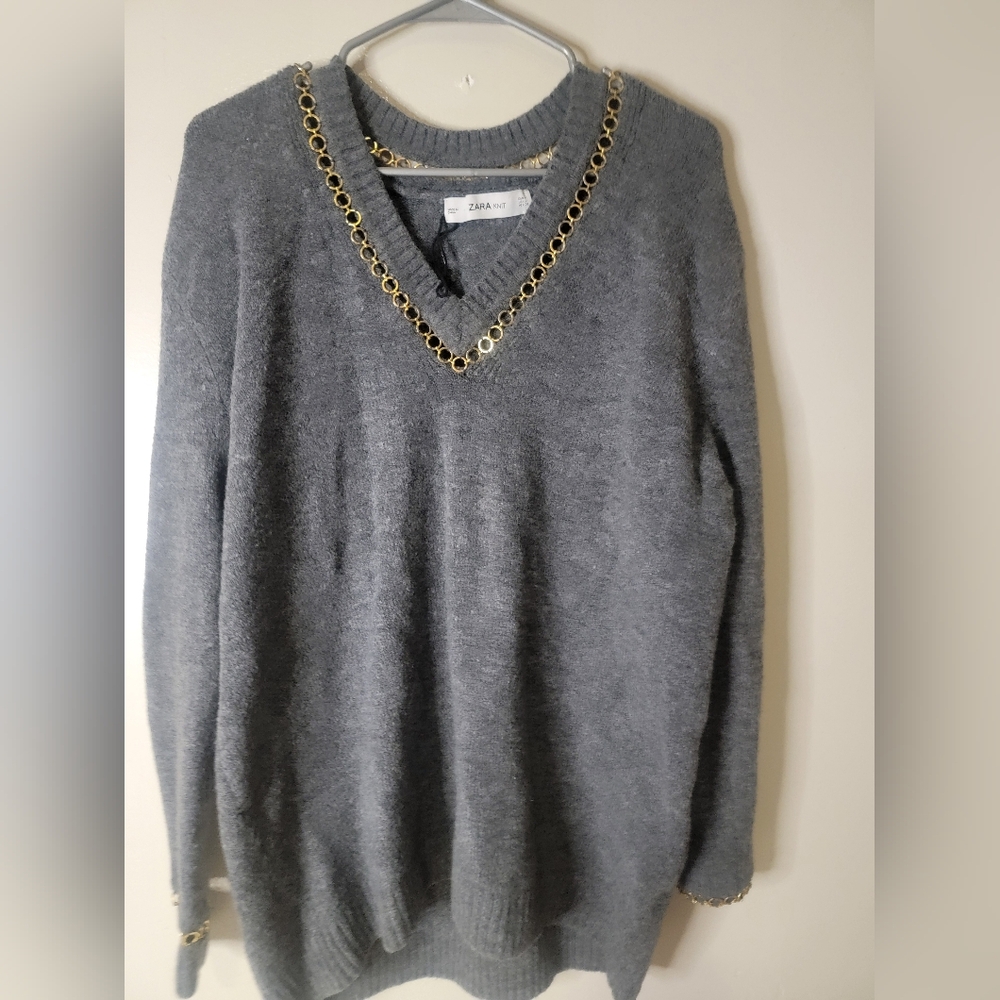 ZARA Grey Gold Detail Knit Sweater